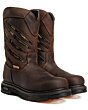 Pair of King Welt Predator 8-inch work boots in brown leather with camo cutouts and anti-slip soles.
