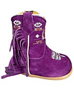 Botitas de Bebé en Gamuza Morada con Flecos, Bordado, Cierre Lateral y Suela Sintética, Hechas en México.