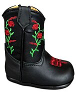 Botitas Vaqueras para Bebé en Piel Napa Negra con Bordado Floral, Cierre Lateral, Plantilla de Piel Acolchada y Suela Sintética.