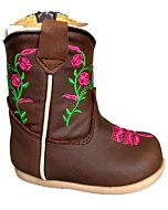 Botitas Vaqueras para Bebé en Piel Grasso Café con Bordado Floral en Rosa y Verde, Cierre Lateral, Plantilla de Piel Acolchada y Suela Sintética.