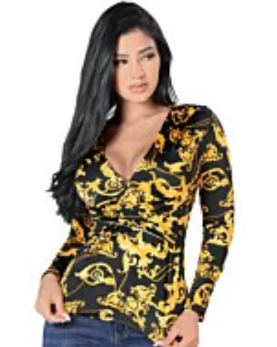 Blusa Negra Lamasini Cuello V Estampado Dorado 5732