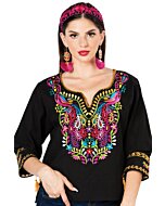 Blusa Tradicional Pavos Artesanal Mexicana 603179 Negra
