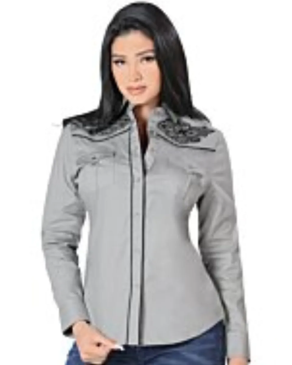 Blusa Vaquera Gris Bordado Negro Lamasini 2316