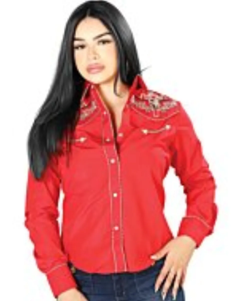 Blusa Vaquera Roja Bordado Bull Skull En Los Hombros 126675
