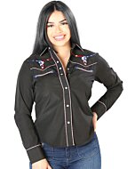 Blusa Negra Vaquera De Mujer Bordado Bull Skull USA 126680