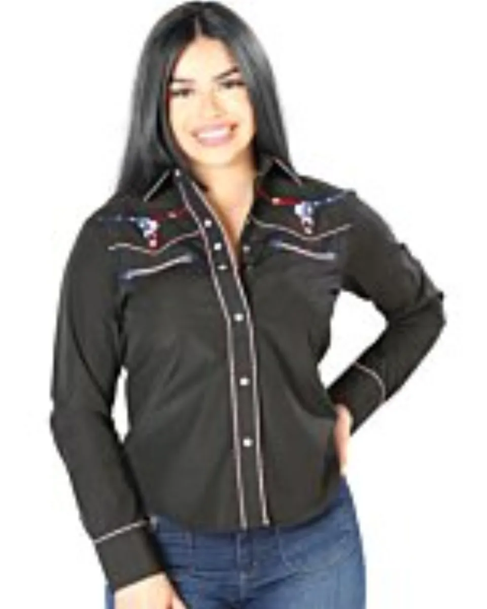 Blusa Negra Vaquera De Mujer Bordado Bull Skull USA 126680