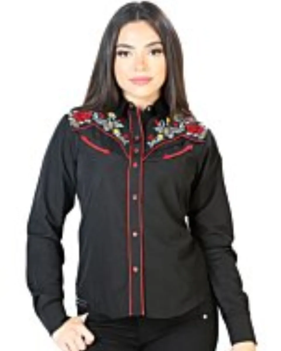 Blusa Vaquera Negra Con Bordado De Flores Rojas Y Amarillas 126685