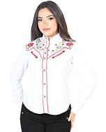 Blusa Vaquera Blanca Con Bordado De Flores Rojas Y Amarillas 126686