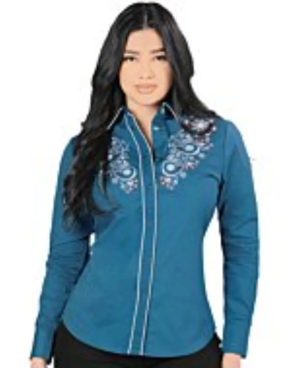 Blusa Bordada Vaquera Snap Button Lamasini 2325 Color Teal