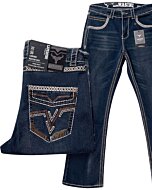 Men's dark blue modern boot cut jeans featuring intricate embroidery on the back pockets, contrast stitching, and a timeless denim finish by Lamasini.