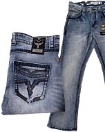Men's light blue modern boot cut jeans featuring embroidered back pockets and stylish contrast stitching by Lamasini.