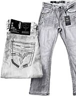 Men's white modern boot cut jeans with intricate embroidered back pockets and subtle distressed detailing by Lamasini.