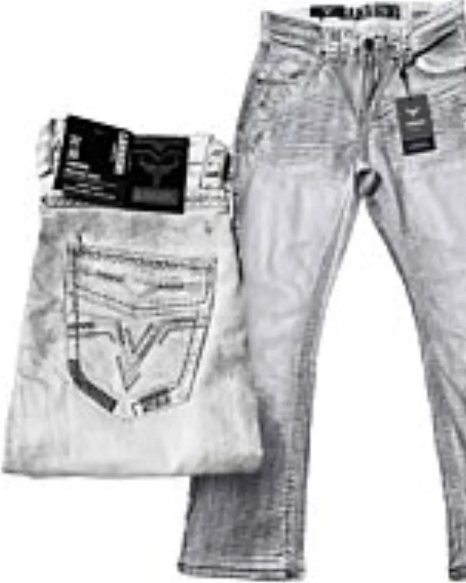Men's white modern boot cut jeans with intricate embroidered back pockets and subtle distressed detailing by Lamasini.