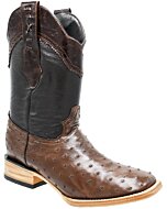 Men's brown western boots crafted from genuine ostrich leather with a leather outsole, made in Mexico.