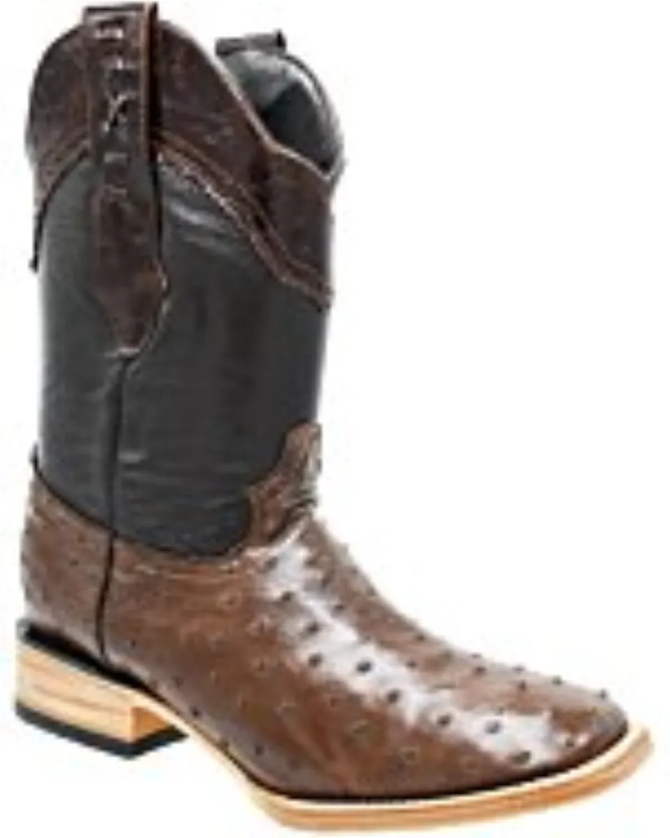Men's brown western boots crafted from genuine ostrich leather with a leather outsole, made in Mexico.