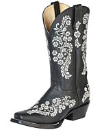 Bota Rodeo De Mujer Negra Piel Crazy Bordada Flores Blancas 51236