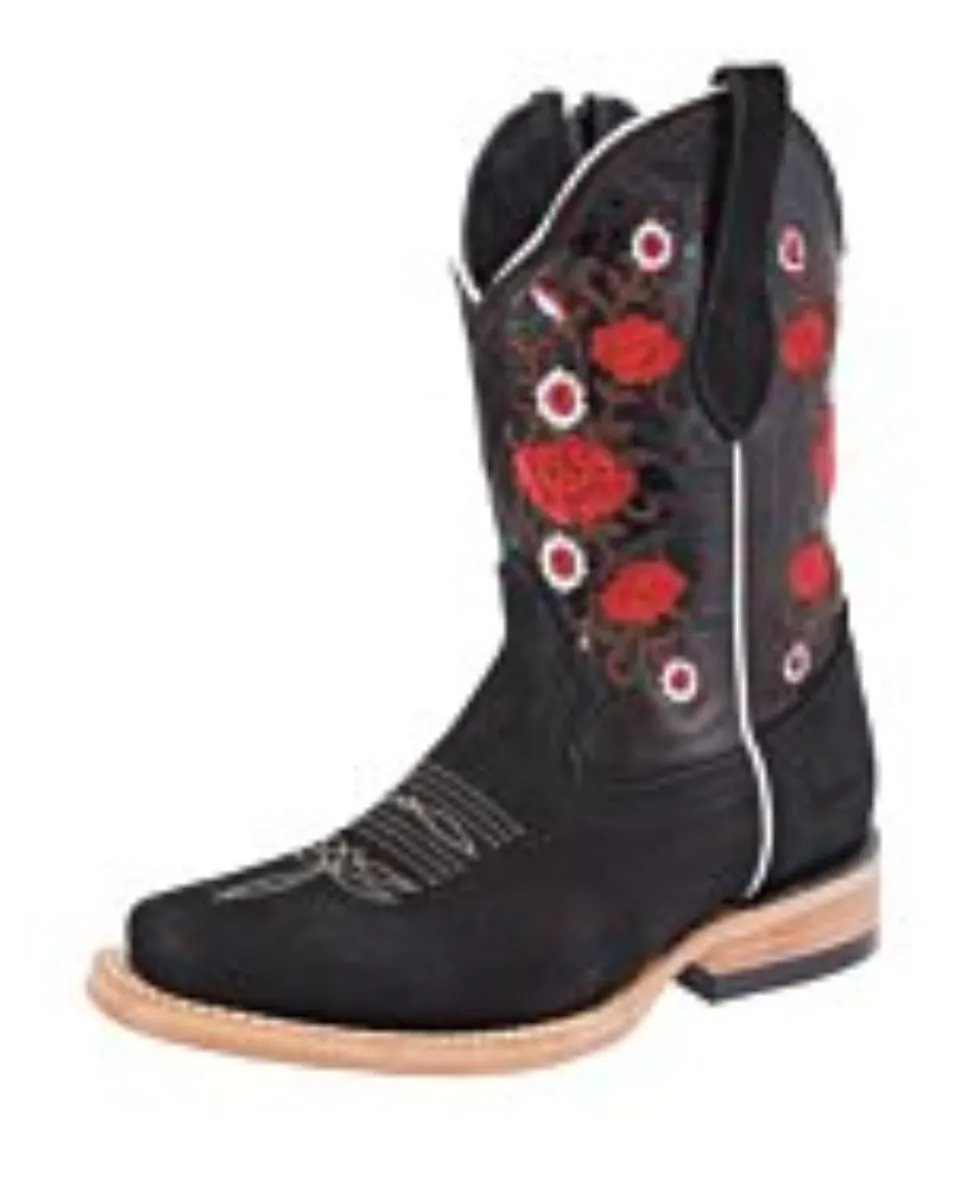 Botas Rodeo Negra Para Niña Bordado Flor Roja WD 11-387