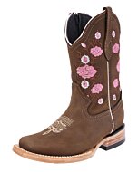Botas Rodeo Color Tabaco Para Niña Diseño Flor Rosa WD 11-389