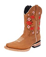 Botas Rodeo Color Miel Para Niña Diseño Flor Roja WD 11-390