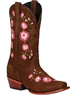 Botas Rodeo Para Dama Color Camel con bordado de flores color Rosa en toda la bota.