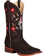 Bota Rodeo Café De Mujer con bordado de flores rojas y mujer charra cabalgando.