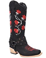 Botas Vaqueras De Mujer Horma Rodeo Tubo Ato White Diamonds Boots 10-519 Piel Nobuck Color Negro