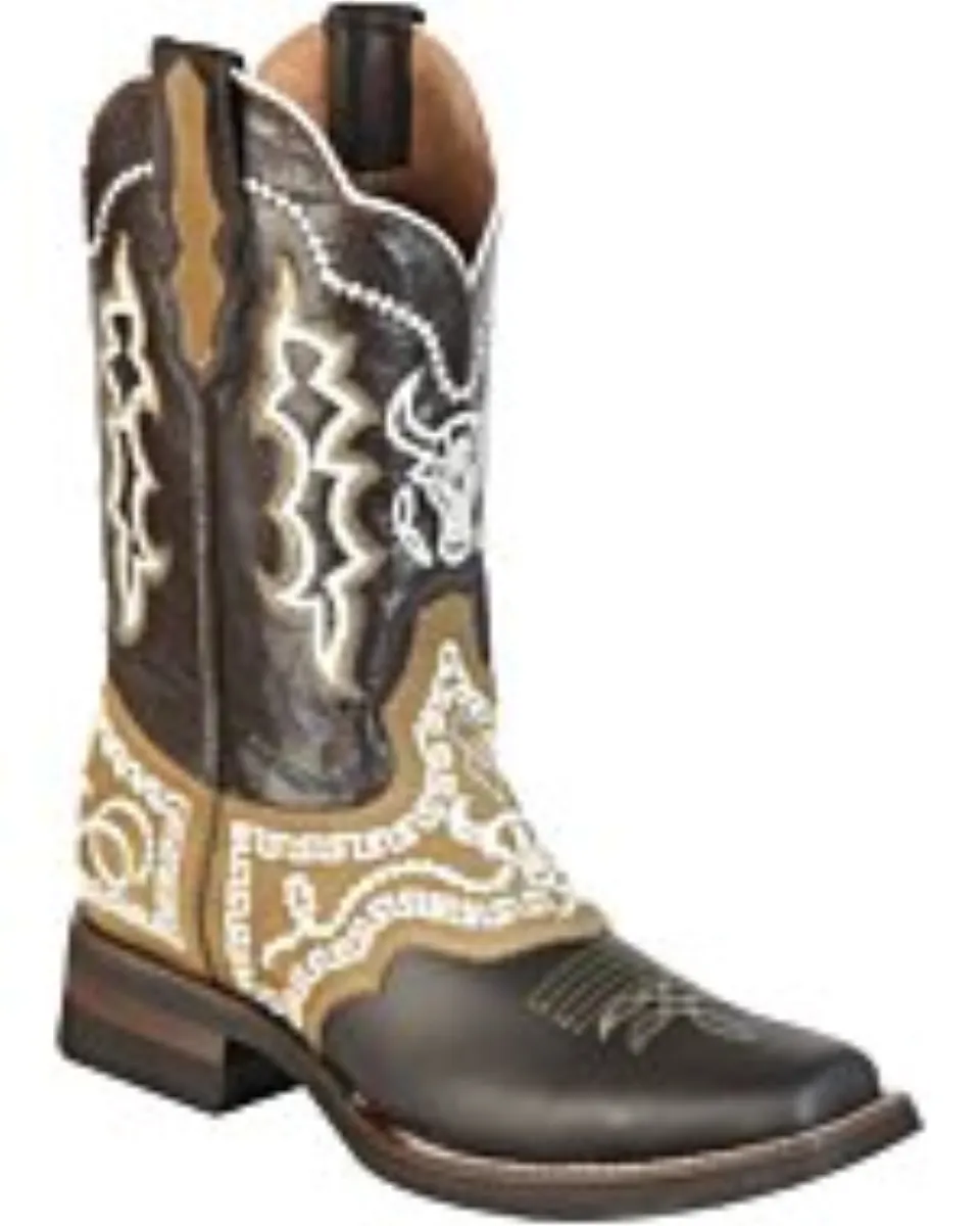 Botas Rodeo Antifaz Y Tubo Bordado Diseño Toro Piel Nobuck Color Chocolate