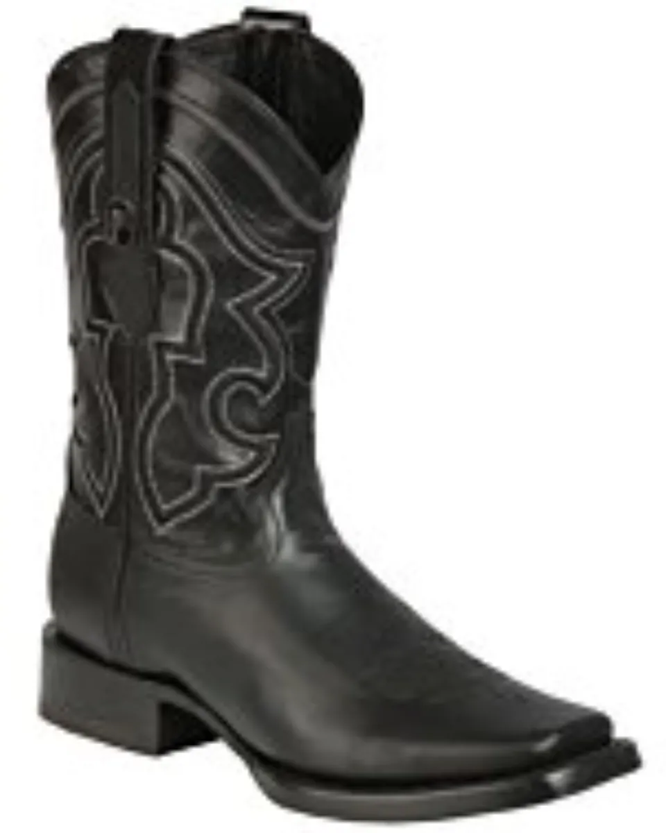 Montero TX-SHD-6 men's black leather rodeo boots with square toe and rubber outsole, made in Mexico