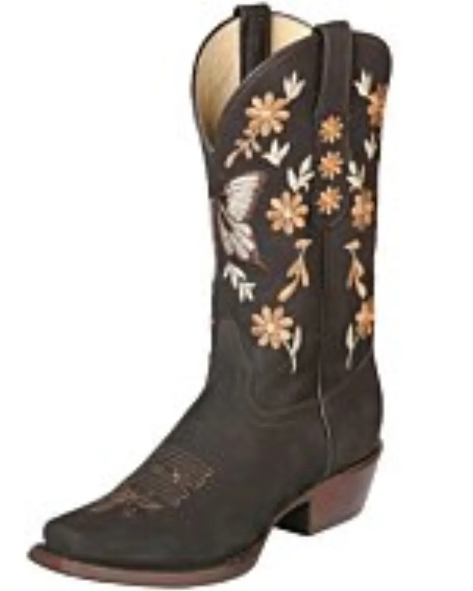 Bota Rodeo De Mujer Color Café Nobuck Bordada Flores 51218