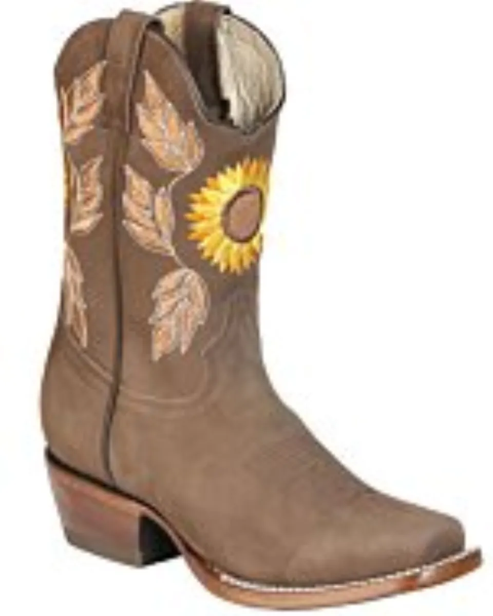 Bota Rodeo De Mujer Tubo Corto Color Camel Con Girasol Bordado