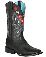 Bota Rodeo Negra Para Dama El General 125366 Con Pequeñas Flores Rojas Bordadas