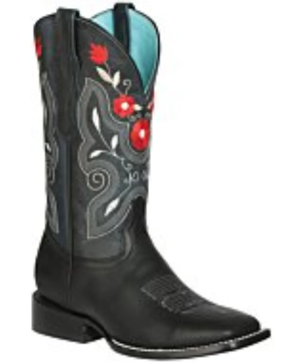 Bota Rodeo Negra Para Dama El General 125366 Con Pequeñas Flores Rojas Bordadas