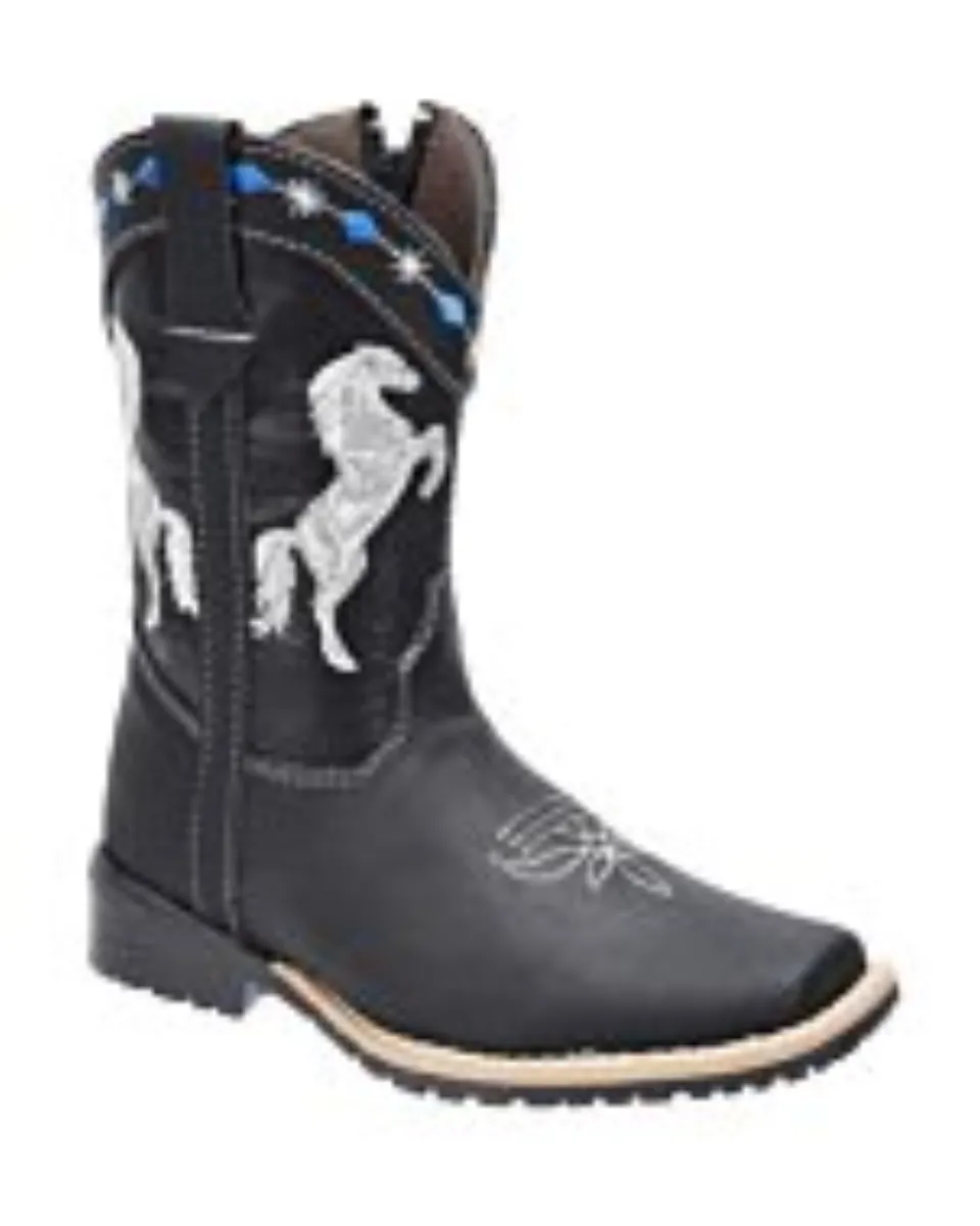 Botas De Niño Rodeo Color Negro Bordado De Caballos WD 11-378