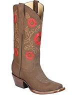 Bota Rodeo Para Dama Color Camel Con Flores Rojas Bordadas