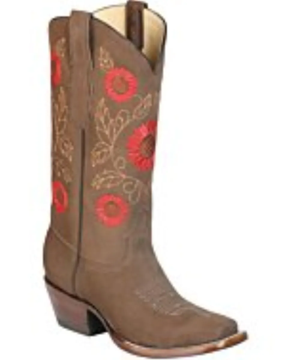 Bota Rodeo Para Dama Color Camel Con Flores Rojas Bordadas