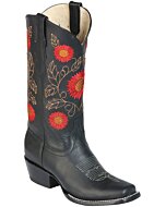 Bota Rodeo Para Mujer El General Color Negro Con Flores Rojas Bordadas