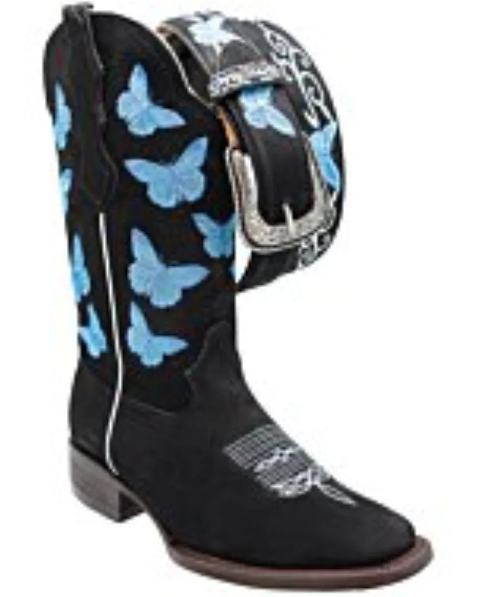 Bota Vaquera Para Mujer Piel Nobuck Negra Bordado De Mariposas WD 11-490