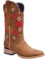 Bota Vaquera Para Mujer Color Topo Con Rosas Rojas WD 11-493