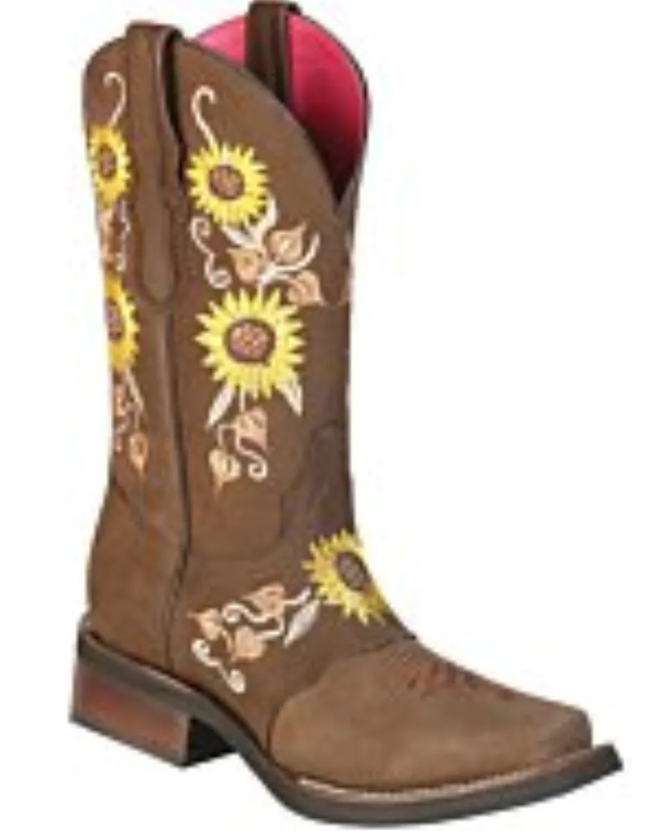 Bota Vaquera Para Mujer Piel Nobuck Color Camel Girasoles Bordados