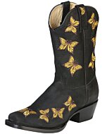 Bota Corta Rodeo Para Mujer Nobuck Color Negro Mariposas Doradas Bordadas 51220