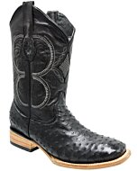 Men's black ostrich leather boots with square toe and American rodeo style.