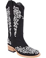 Botas Vaqueras De Mujer Bordada Color Negro Con Blanco WD 11-481