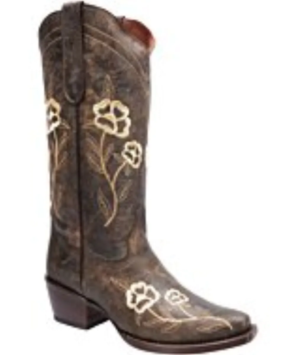 Botas Vaqueras Color Café Flores Bordadas Para Mujer WD 11-469