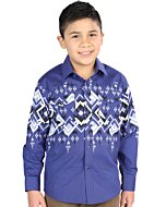 Boy wearing a blue Western shirt with bold geometric patterns and snap-button closure, matching men’s version available.