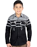 Boy wearing a gray and black tribal Western shirt with snap-button closure and a matching men’s version available.