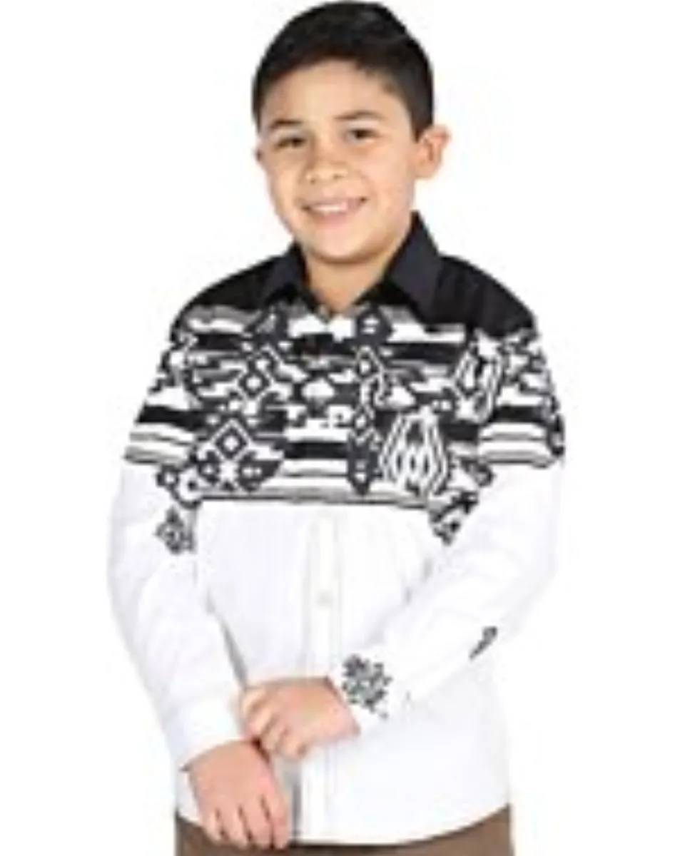 Boy wearing a black and white tribal Western shirt with bold patterns and snap-button closure, matching men’s version available.