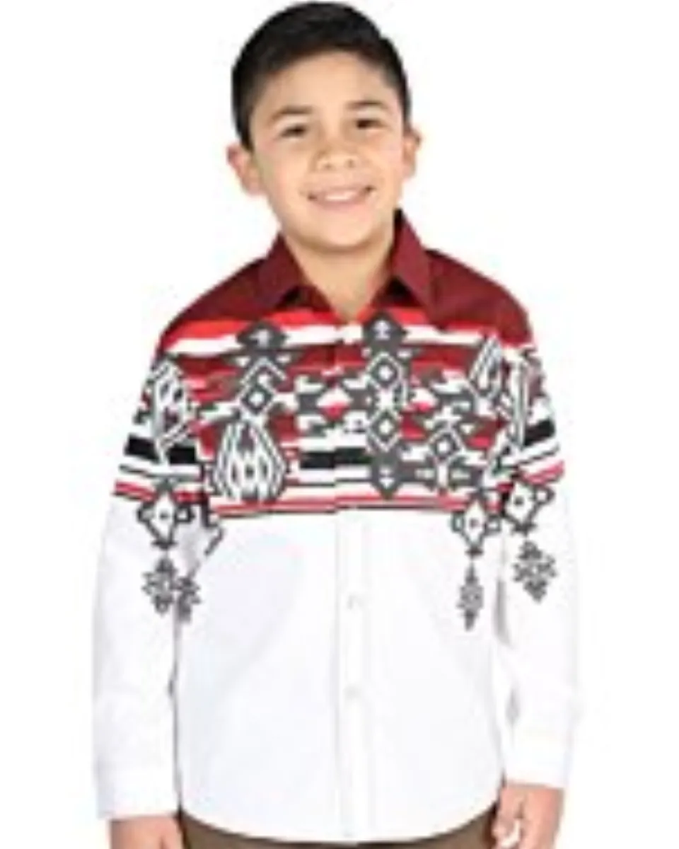 Boy wearing a burgundy and white tribal Western shirt with bold patterns and snap-button closure, matching men’s version available.
