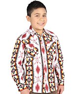 Camisa Vaquera para Niño Blanca con Estampado Geométrico en Rojo y Amarillo – El General 44508