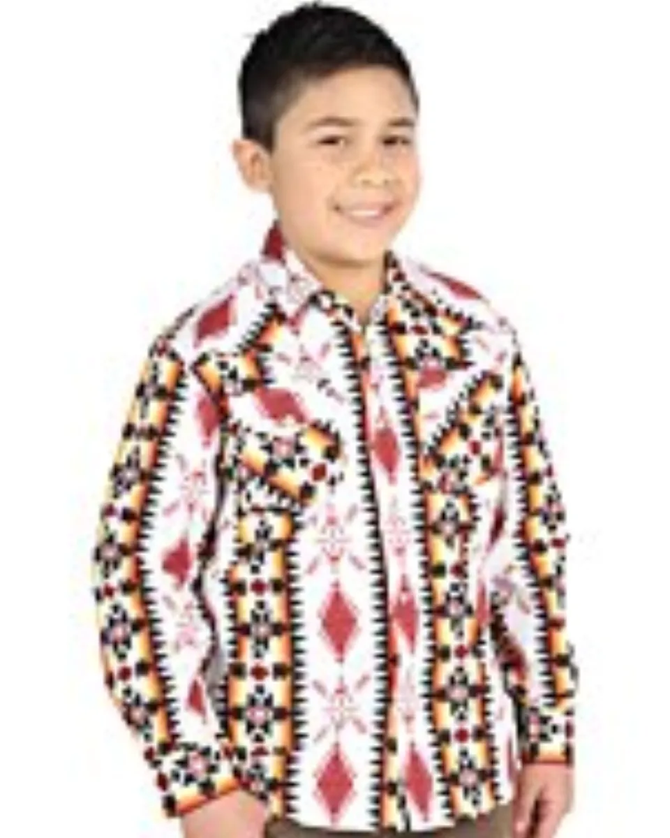 Camisa Vaquera para Niño Blanca con Estampado Geométrico en Rojo y Amarillo – El General 44508