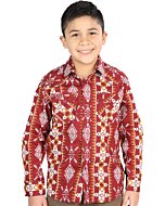 Camisa Vaquera para Niño en Color Vino con Estampado Geométrico en Blanco y Mostaza – El General 44509
